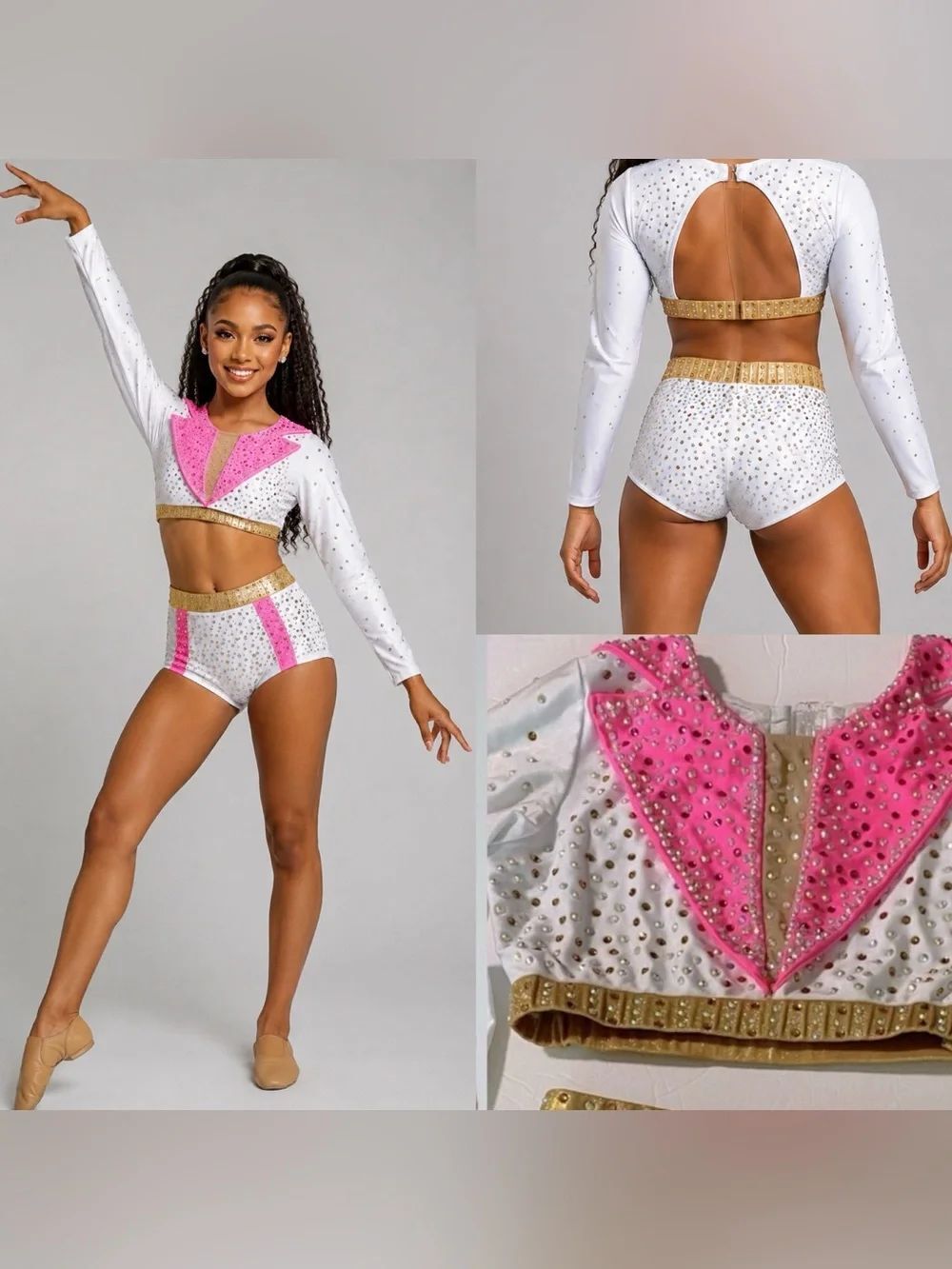 Glamour Solo Dance Costume Elvis 2 Piece White Pink Rhinestoned SA Adult Jazz